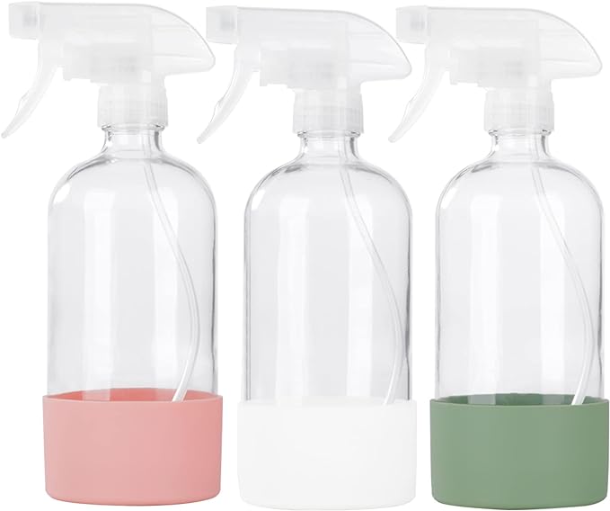 HOMBYS Botellas vacías de vidrio transparente con protección de funda de silicona – Contenedores recargables de 16 oz para soluciones de limpieza, aceites esenciales, plantas de nebulización – Pulverizador de calidad – Paquete de 3 