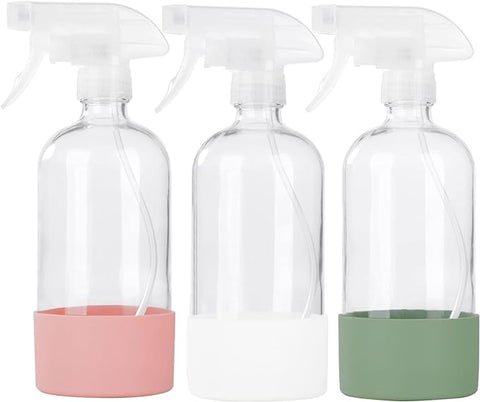 HOMBYS Botellas vacías de vidrio transparente con protección de funda de silicona – Contenedores recargables de 16 oz para soluciones de limpieza, aceites esenciales, plantas de nebulización – Pulverizador de calidad – Paquete de 3 