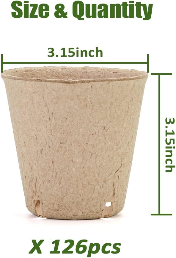 YESIACE Macetas de turba, 126 paquetes de macetas de inicio de semillas de 3,15 pulgadas con orificios de drenaje, maceta redonda para vivero, macetas de turba redondas biodegradables para iniciación de semillas, bandejas de plántulas de germinación 