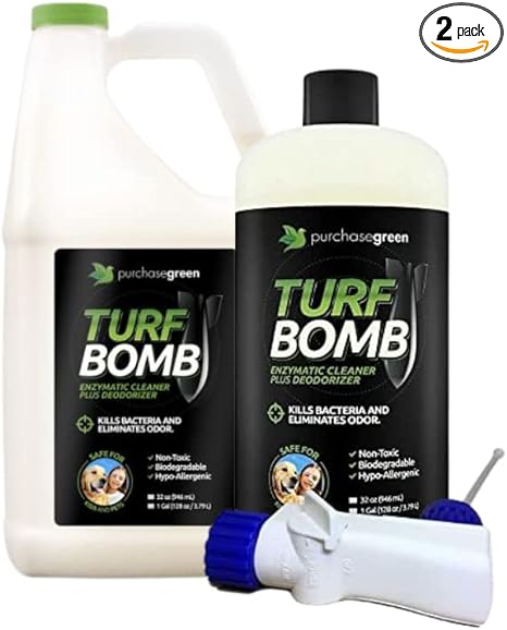 Kaufen Sie das Green Turf Bomb Bundle mit 32-Unzen- und 1-Gallonen-Flaschen – Enzymreiniger für den Innen- und Außenbereich und Geruchsbeseitiger für Haustierurin für Kunstrasen 