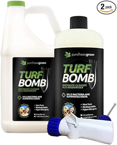 Kaufen Sie das Green Turf Bomb Bundle mit 32-Unzen- und 1-Gallonen-Flaschen – Enzymreiniger für den Innen- und Außenbereich und Geruchsbeseitiger für Haustierurin für Kunstrasen 