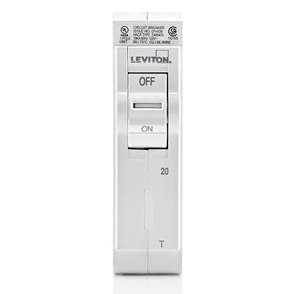 Leviton LB120-T 20A 1-Pole Plug-On Standard Branch Circuit Breaker, Thermal Magnetic, 120 VAC, White