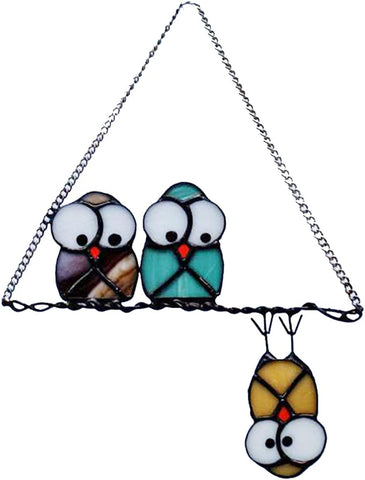 Multicolor Owls on a Wire High Stained Glass Suncatcher Panel, Bird Suncatcher for Windows Doors Room Home Decoration Hummingbird Ornamentand Gifts for Bird Lovers
