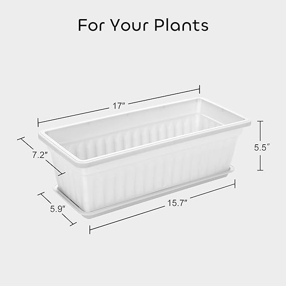 GROWNEER 3 Packungen 17 Zoll weiße Blumen-Fensterbox aus Kunststoff, Gemüsepflanzgefäße mit 15 Pflanzenetiketten, für Fensterbank, Terrasse, Garten, Heimdekoration, Veranda