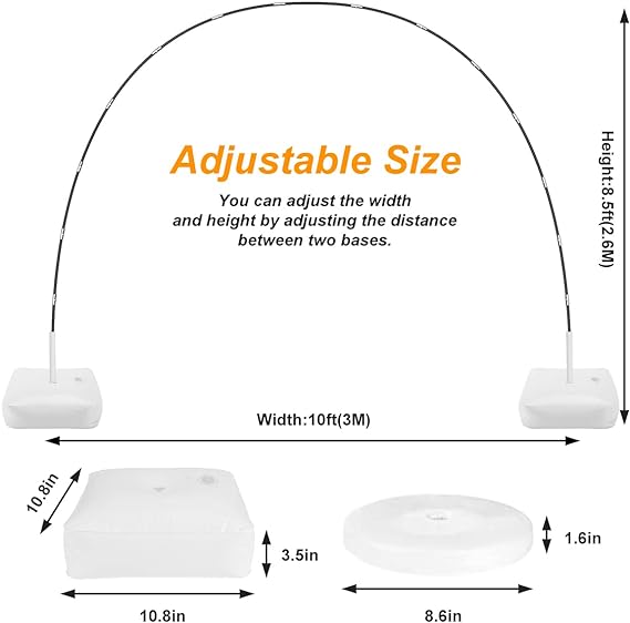 RUBFAC Balloon Arch Stand, 10ft Wide Adjustable Balloon Arch Kit Adjustable Frame with Water Fillable Base for Wedding Birthday Baby Shower Decoration Halloween Christmas Party Supplies