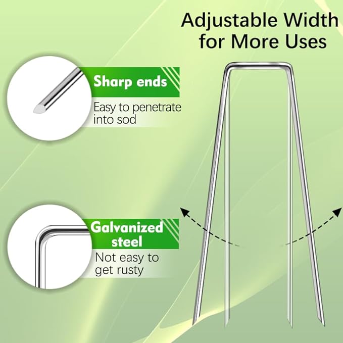 HOUYA Paquete de 50 grapas de paisaje de 4 pulgadas, estacas de jardín de calibre 12, grapas de jardín galvanizadas, estacas de tierra antioxidantes para barrera contra malezas, tubos de riego, césped de jardín, tela de paisaje 
