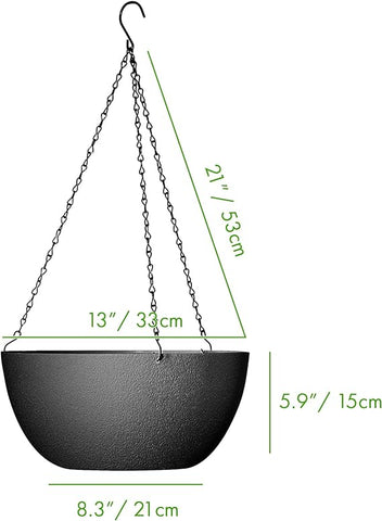 WOUSIWER 13 inch 2Pack Large Hanging Planters for Outdoor Indoor Plants with Drainage Holes and Chain, Round Hanging Flower Pots for Garden Home Porch Decor, Black