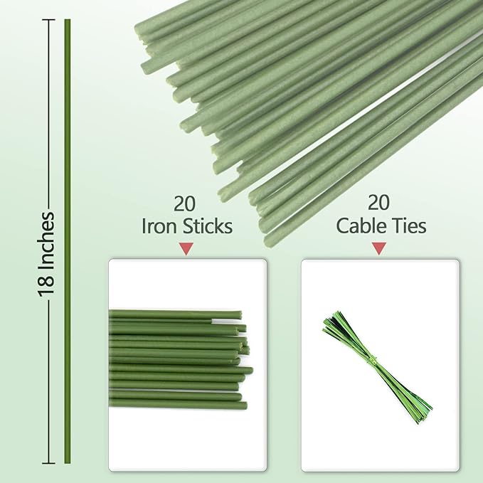 Estacas para plantas, 20 unidades de palos para plantas, estacas de soporte para plantas de un solo tallo flexibles de color verde para plantas de interior y exterior, plantas en macetas, flores, orquídeas, peonías, rosas, 18 pulgadas 