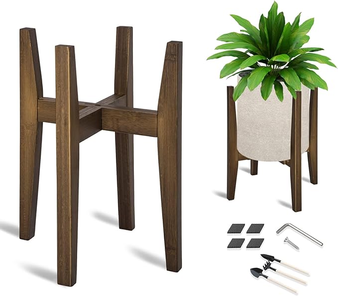 OERGKE Verstellbarer Pflanzenständer, Bambus, Mid-Century Modern, Zimmerpflanzenständer, Eck-Blumenhalter für Wohnzimmer, passend für 20,3 bis 30,5 cm Töpfe, (Topf und Pflanze nicht im Lieferumfang enthalten) (Walnuss, 1 Packung) 