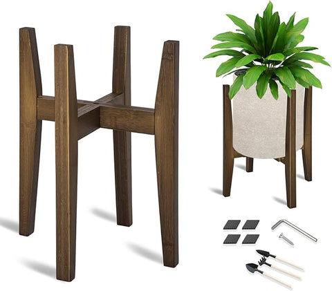 OERGKE Verstellbarer Pflanzenständer, Bambus, Mid-Century Modern, Zimmerpflanzenständer, Eck-Blumenhalter für Wohnzimmer, passend für 20,3 bis 30,5 cm Töpfe, (Topf und Pflanze nicht im Lieferumfang enthalten) (Walnuss, 1 Packung) 