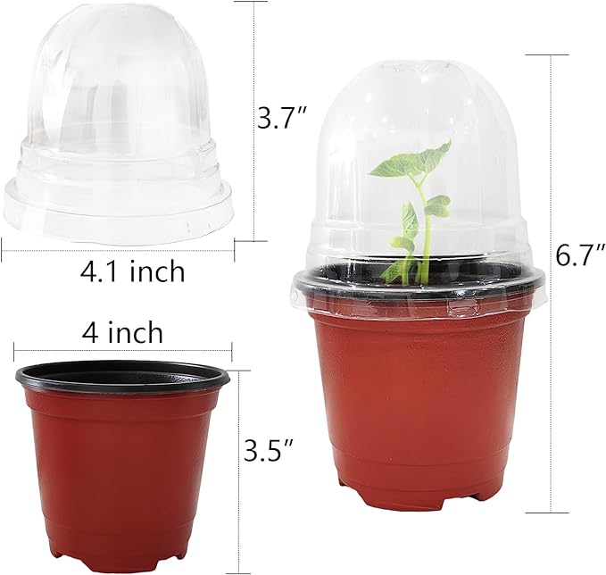 RooTrimmer Macetas para vivero de plantas con cúpulas de humedad, 25 juegos de macetas suaves de 4 pulgadas de calidad (25 macetas rojas + 25 tapas transparentes), macetas para iniciar semillas, contenedores pequeños 