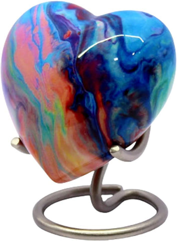 eSplanade Metal Mini Cremation Urn Heart-Shaped Keepsake Memorial Jar Pot Container | Small Urn for Funeral Ashes Burial | Wave Textured Metal Keepsake with Stand | Multicolor - 2.75" Inches