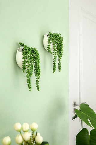 Dahey Wall Planters with Fake String of Pearls Plant Artificial Succulent Small Modern Ceramic Mounted Planter Round Hanging Wall Vase Display Holder for Indoor Garden Office Decor, Set of 2