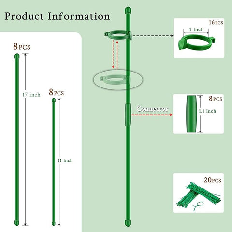 16 Stück Pflanzenstäbe, 43,2 cm und 27,9 cm, Pflanzenstäbe, verstellbare Länge, Orchideen-Stützstäbe für drinnen und draußen, Gartenstab mit Clips, Pflanzenkäfig-Anzug für Topf-Tomaten, Rosen, Amaryllis, Gemüse 