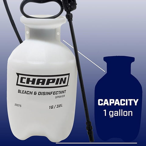 Chapin 20075 Disinfectant Bleach Sprayer, 1 Gallon, Made in the USA, Adjustable Cone Nozzle, Compatible with Bleach Solutions and Fungicides, Translucent White