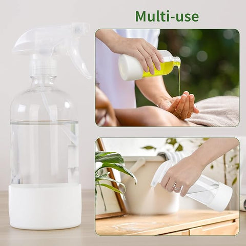 HOMBYS Botellas vacías de vidrio transparente con protección de funda de silicona – Contenedores recargables de 16 oz para soluciones de limpieza, aceites esenciales, plantas de nebulización – Pulverizador de calidad – Paquete de 3 