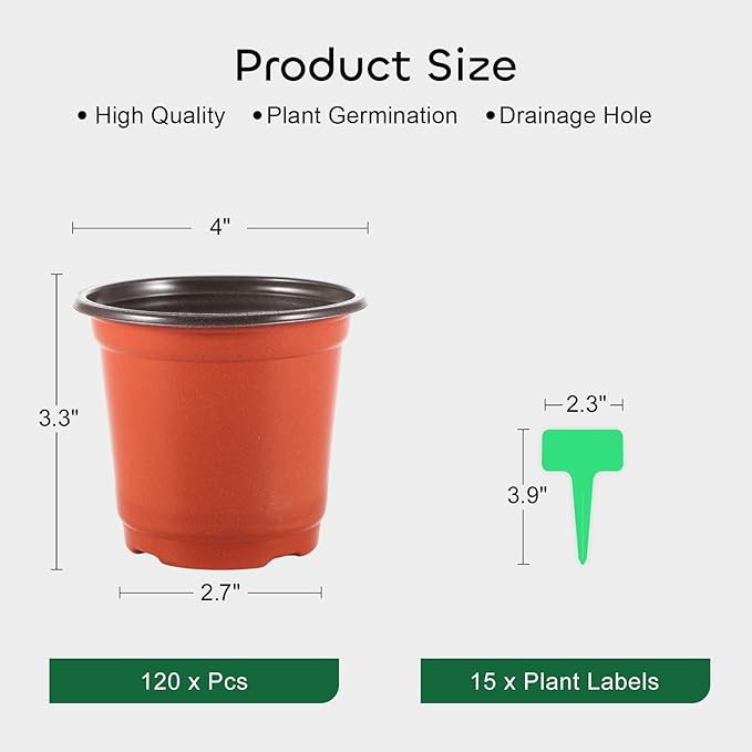 GROWNEER 120 paquetes de macetas de plástico de 4 pulgadas con 15 etiquetas para plantas, maceta para iniciar semillas, contenedor para plantas suculentas, plántulas, esquejes, trasplantes 