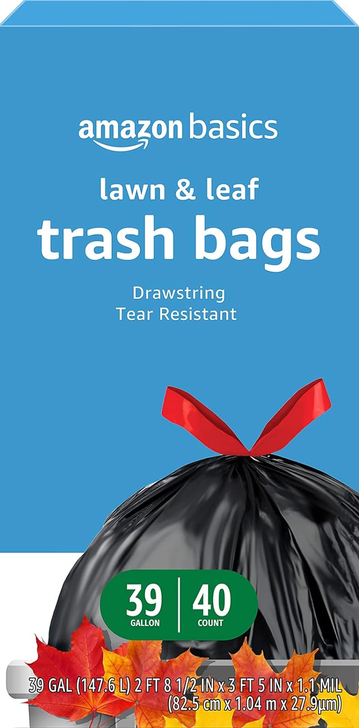 Amazon Basics Lawn & Leaf Drawstring Trash Bags, Unscented, 39 Gallon, 40 Count