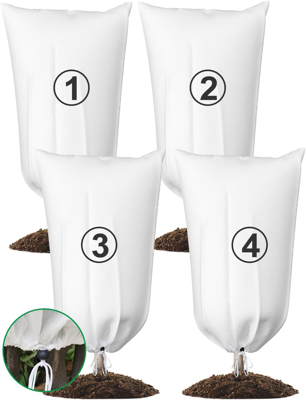 4 Packs Plant Covers Freeze Protection, 32" x 47" 2.8oz/yd² Heavy Duty Winter Cold Weather Frost Cloth Blankets, Garden Warm Jacket Bags with Drawstring Design for Outdoor Shrub Bush Fruit Tree Potted