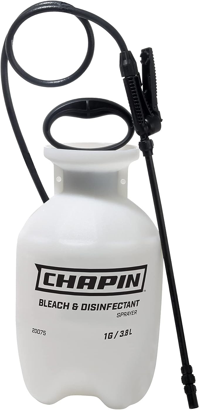 Chapin 20075 Disinfectant Bleach Sprayer, 1 Gallon, Made in the USA, Adjustable Cone Nozzle, Compatible with Bleach Solutions and Fungicides, Translucent White