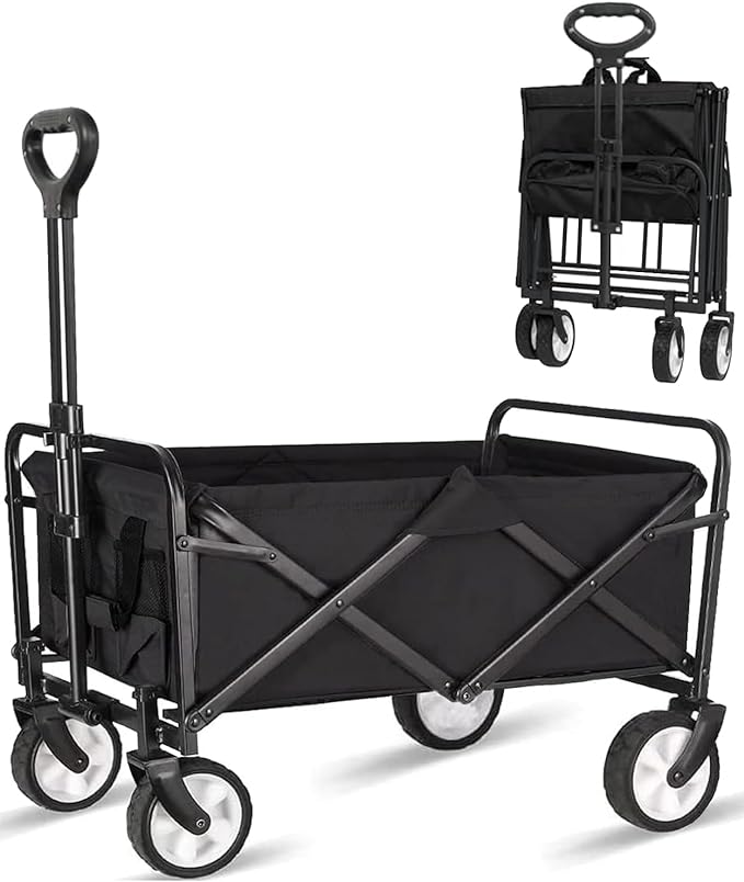 Collapsible Foldable Wagon, Beach Cart Large Capacity, Heavy Duty Folding Wagon Portable, Collapsible Wagon for Sports, Shopping, Camping (Black, 1 Year Warrant)