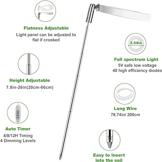 LORDEM Luz de cultivo, luz LED de espectro completo para plantas de interior, lámpara de crecimiento ajustable en altura con temporizador de encendido/apagado automático 4/8/12H, 4 brillo regulable, ideal para plantas pequeñas 