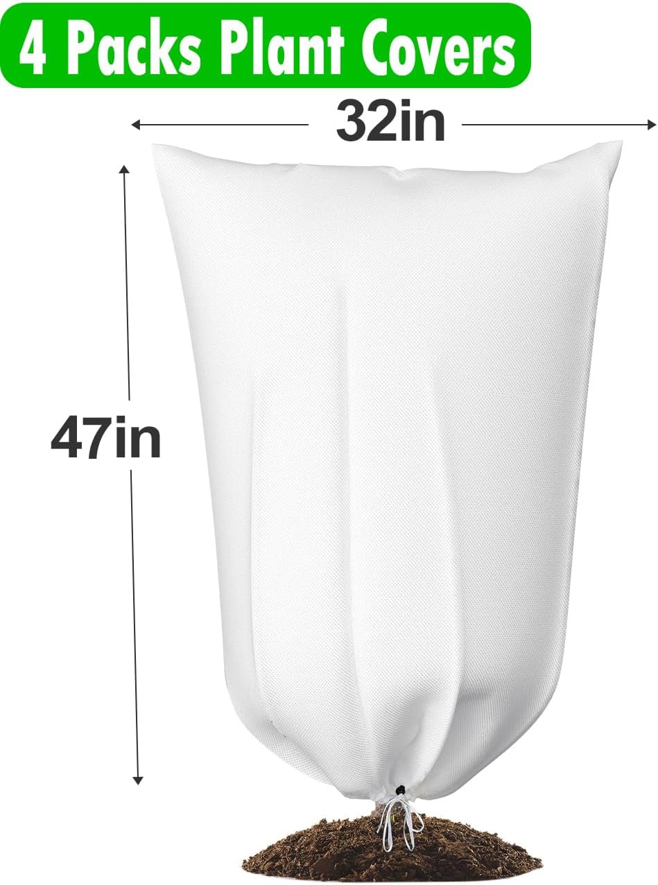 4 Packs Plant Covers Freeze Protection, 32" x 47" 2.8oz/yd² Heavy Duty Winter Cold Weather Frost Cloth Blankets, Garden Warm Jacket Bags with Drawstring Design for Outdoor Shrub Bush Fruit Tree Potted