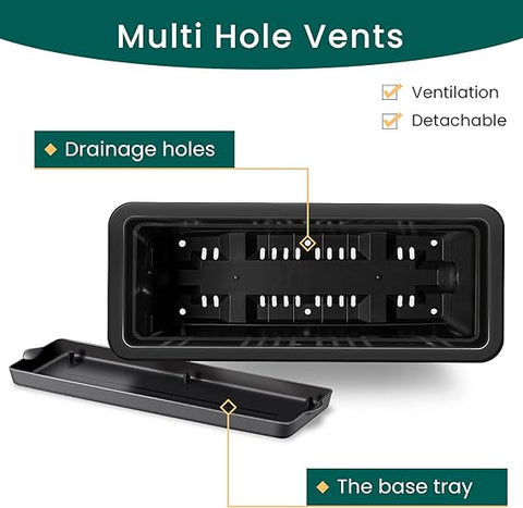 CEED4U Fensterkasten-Pflanzgefäß, 43,2 cm, 3 Packungen, schwarze rechteckige Pflanzgefäße mit Untersetzern und 15 Pflanzenetiketten, selbstbewässernde Entwässerungslöcher, Fensterbank-Dekoration, lange Kunststofftöpfe für draußen und drinnen