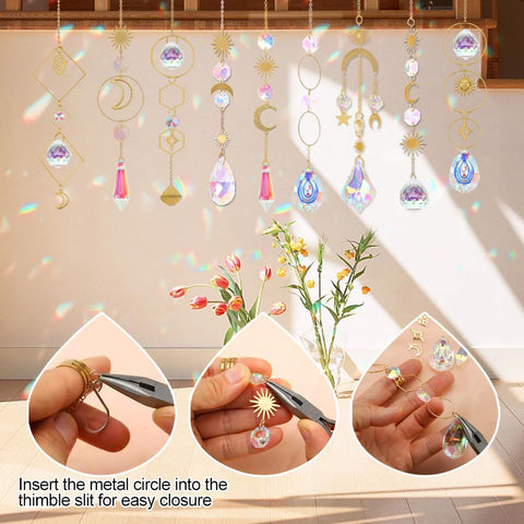 200 pcs DIY Sun Catchers Making Kits Craft for Adults Crystal Suncatchers Supplies Stained Glass Window Hanging Prism Indoor Outdoor Garden Xmas Decor with Rainbow Maker Pendants Chains