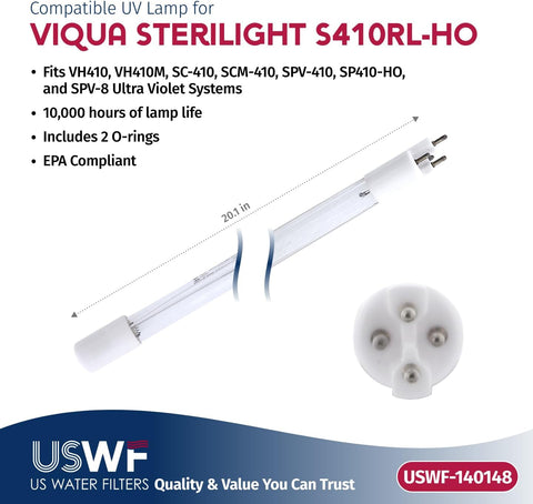 S410RL-HO Replacement UV Lamp | Fits the VIQUA VH410, SP410-HO, SC-410, & SPV-8 Series UV Systems | Made in the USA, US Water Filters