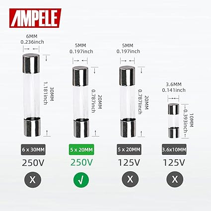 AMPELE (Pack of 20) 5A Fast-Blow Fuse 5Amp 250V Glass Fuses 0.2 x 0.78 inch / 5 x 20 mm (5Amp)(F5AL)