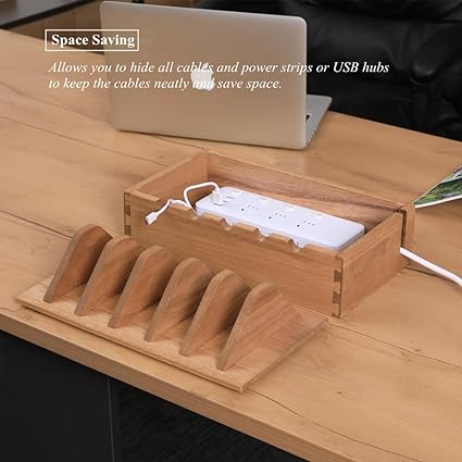 DDYURI Handy-Ladestationsständer aus Holz auf dem Schreibtisch – Organizer-Box aus Holzdraht und Kabel mit 5 Ladefächern für Multi-Geräte-Organizer, Ständer als Smartphones/Tablets/Laptops, leicht (CDJ6S-LT)