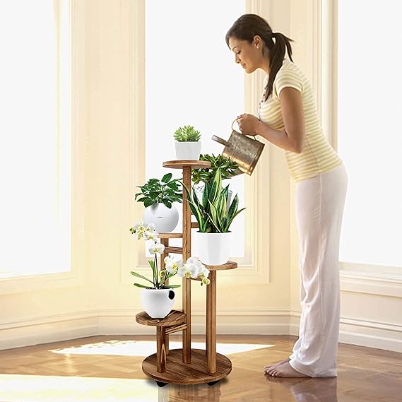 GEEBOBO 5-stufiger hoher Pflanzenständer für den Innenbereich, Holz-Pflanzenregal, Eckregal, mehrstufiger Pflanzgefäß-Topfhalter, Blumenständer für Wohnzimmer, Balkon, Garten, Terrasse (Walnuss) 