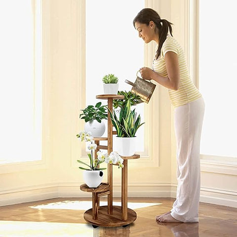 GEEBOBO 5-stufiger hoher Pflanzenständer für den Innenbereich, Holz-Pflanzenregal, Eckregal, mehrstufiger Pflanzgefäß-Topfhalter, Blumenständer für Wohnzimmer, Balkon, Garten, Terrasse (Walnuss) 