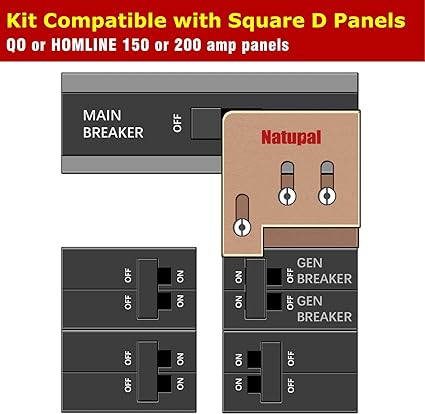 Natupal Generator Interlock Kit Compatible with Square D QO or Homeline 150 or 200 amp panels. 1 3/8 inches Spacing between main and generator breaker, Professional and Interlock Kit