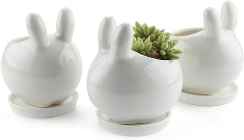 T4U Ceramic Pot White, Rabbit Planter Succulent Plant Cactus Flower Porcelain Holder Container Outdoor Indoor Home Office Decoration with Round Tray - Pack of 3