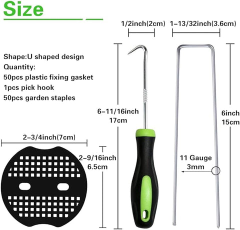 50 Stück Heftklammern für Gartenpfähle + 50 Stück Dichtung, Bakulyor 15,2 cm Rasen- und Landschaftsklammern, 11 Gauge, U-förmige, verzinkte Landschaftsnadeln, robuste Garten-Bodennadel für Unkrautbarrieren, Grasnarben, Stoffdekorationen – 15,2 cm 