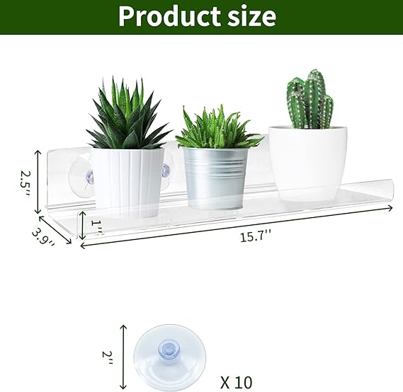 2 Pack Acrylic Window Shelf for Plants 16 Inches, Suction Cup Clear Indoor Plant Shelf Window Ledge Garden Sill Extender for Micro Greens, Seed Starter Pots, Herb Planters