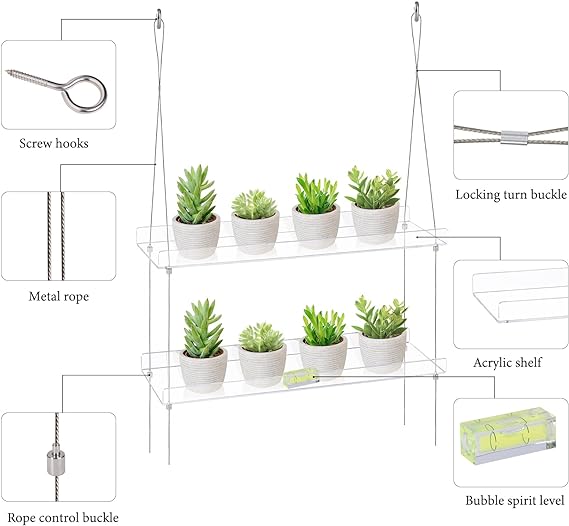 Sumerflos 2-stöckiges Acryl-Pflanzenregal für Fenster von Küche, Schlafzimmer, Wohnzimmer, 40,6 cm große Fensterwand-Blumen-Doppelaufhängerboxen, höhenverstellbare Hängeregale für Zimmerpflanzen, Sukkulenten