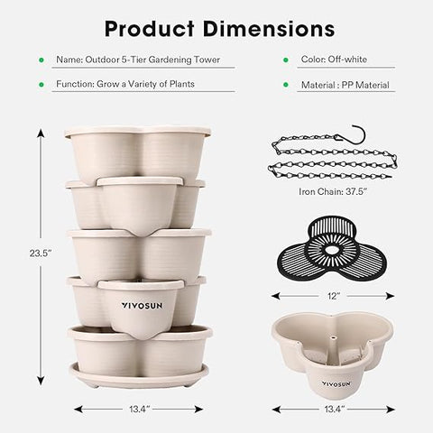 VIVOSUN Paquete de 2 maceteros apilables de jardinería vertical de 5 niveles para fresas, flores, hierbas y verduras, color marfil