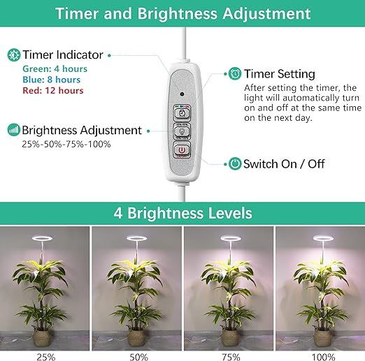 LORDEM Vollspektrum-LED-Wachstumslicht, 72 LEDs, 4 Helligkeitseinstellungen, automatischer Ein-/Aus-Timer, höhenverstellbar, ideal für Zimmerpflanzen 