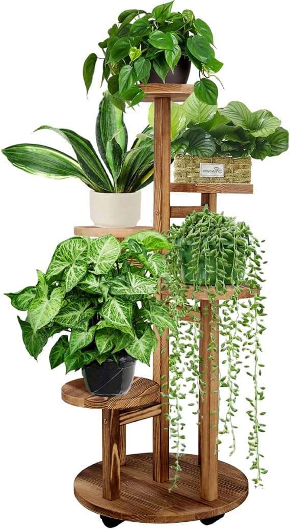 GEEBOBO 5-stufiger hoher Pflanzenständer für den Innenbereich, Holz-Pflanzenregal, Eckregal, mehrstufiger Pflanzgefäß-Topfhalter, Blumenständer für Wohnzimmer, Balkon, Garten, Terrasse (Walnuss) 