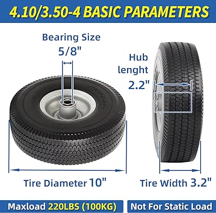 GICOOL 4.10/3.50-4" Flat Free Tire and Wheel, 10" Solid Tire with 5/8" Axle Bore Hole, 2.2" Offset Hub for Hand Truck Garden Wagon Cart Trolley Dolly Lawn Mover Replacement Tire