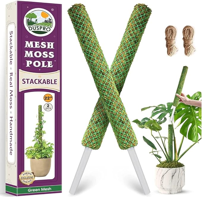 DUSPRO Paquete de 2 postes de musgo de malla apilables verdes de 38 pulgadas para plantas trepadoras que apoyan el enrejado Monstera, para plantas de interior, palos de musgo extensibles para plantas, estacas para plantas en maceta Monstera 