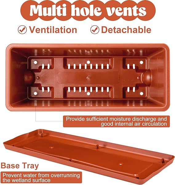 12 Stück rechteckige Blumenkästen mit Fenster, 43,2 cm, Fenster-Pflanzkasten, Kräuterpflanzer, Kunststoff-Kräutertöpfe für Zimmerpflanzen, große Fenster-Blumenkästen im Freien mit Tablett für Garten, Balkon, Heimdekoration (Ziegelrot)