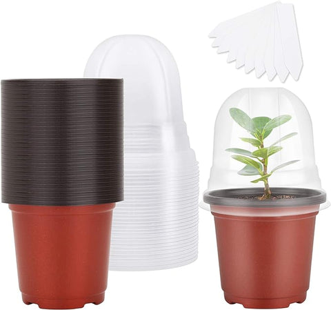 MIXC Plant Nursery Pots with Humidity Dome 4" Soft Transparent Plastic Gardening Pot Planting Containers Cups Planter Small Starter Seed Starting Trays for Seedling with 10pcs Plant Labels，30 Sets