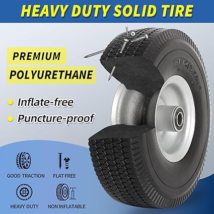 GICOOL 4.10/3.50-4" Flat Free Tire and Wheel, 10" Solid Tire with 5/8" Axle Bore Hole, 2.2" Offset Hub for Hand Truck Garden Wagon Cart Trolley Dolly Lawn Mover Replacement Tire