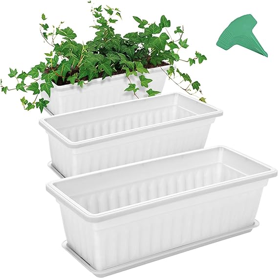 GROWNEER 3 Packungen 17 Zoll weiße Blumen-Fensterbox aus Kunststoff, Gemüsepflanzgefäße mit 15 Pflanzenetiketten, für Fensterbank, Terrasse, Garten, Heimdekoration, Veranda