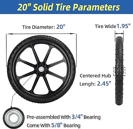 GICOOL 20" Flat Free Tire and Wheel, with 3/4" & 5/8" Bearing, 2.45" Centered Hub, Replacement Wheel For Rubbermaid Wheelbarrow, Garden Yard Cart, 2 Pcs