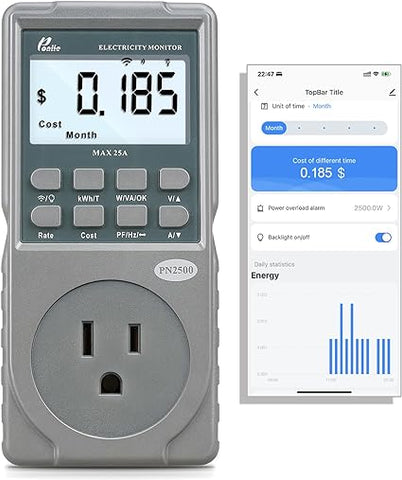 Poniie PN2500 Professionelles NEMA 5–15 Wi-Fi Wireless Level 1 EV-Ladegerät, Durchgangs-Stromverbrauchsmonitor (60–240 V, 25 A) 